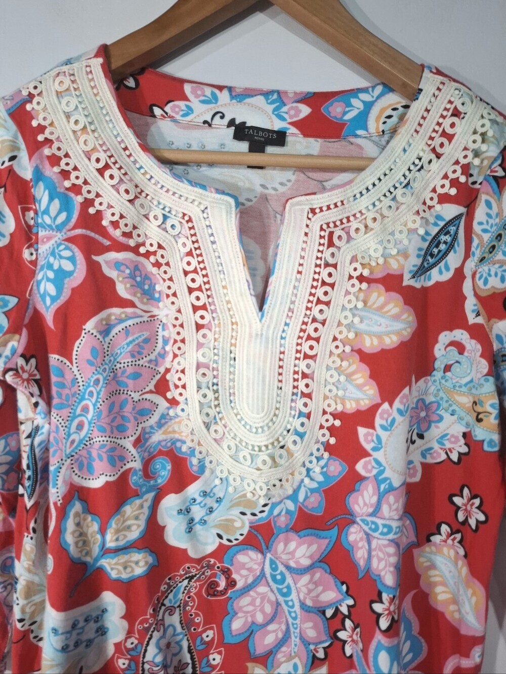 Talbots Women's Pima Cotton Blend  Paisley Floral Crochet Tunic Size Petite S
